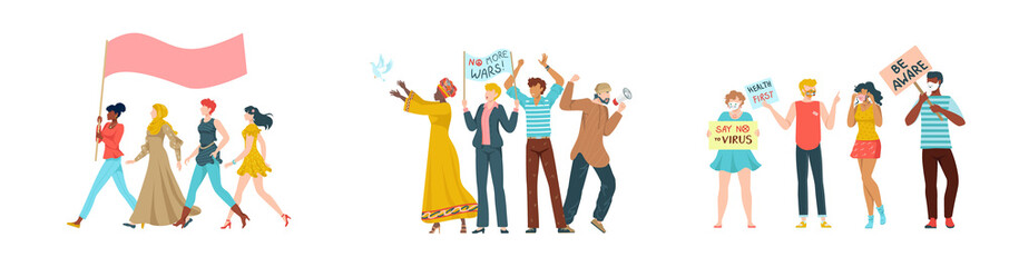 Obraz premium Rally protest, crowd protesting people with placards, demonstration for political freedom activists isolated flat vector illustration. Protesters, demanding men, women with flags rally manifistation.