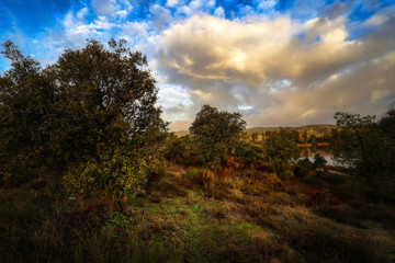 Paisaje natural con un amanecer frio, helado y con un color rojizo anaranjado por la salida del sol