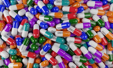 Capsules or pills with inscription COVID-19 cure on multi color surface by close up view. Concept of Virus Pandemic Protection. Coronavirus or COVID-19 concept. 3d render
