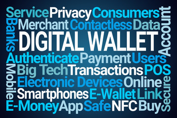 Digital Wallet Word Cloud on Blue Background