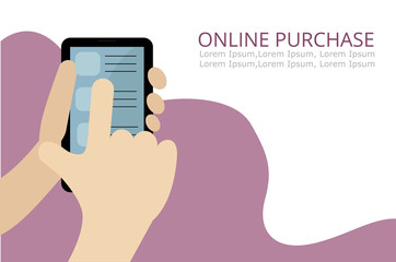 Online purchase through the application in the phone. Hands in a flat style leaf through a catalog. vector banner