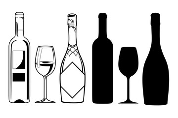 Black silhouette of a wine bottle and sparkling wine and a glass. Linear drawing for a bar or cafe or restaurant. Logo symbol, fault card icon