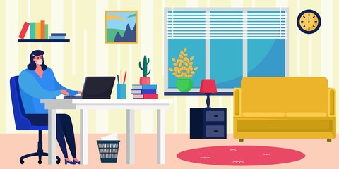 Stay safe, work home vector illustration. Office at home during quarantine, virus insulation care. Woman character in mask work at computer, comfortable room workplace, flat banner.