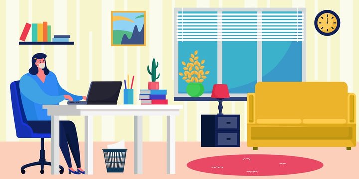 Stay Safe, Work Home Vector Illustration. Office At Home During Quarantine, Virus Insulation Care. Woman Character In Mask Work At Computer, Comfortable Room Workplace, Flat Banner.