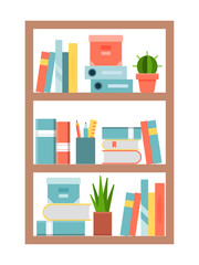 Books and shelves in flat style, vector illustration. Bookshelves with a collection of informatively educational, school paper textbooks. Library nowledge, literature in covers Isolated on white