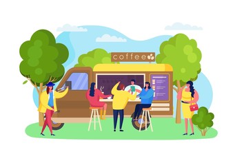 Obraz na płótnie Canvas Street coffee truck at park, vector illustration. Beverage portable cafe, takeaway hot drinks cup, catering business. Man and woman leisure at bar stool near car, order favorite coffe at price list.