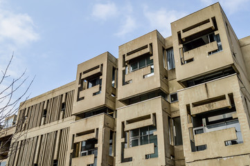 Brutalist Architecture. Details of brutalist concrete building. Part of the Centre National de la Danse (National Dance Center), public building in Pantin, near Paris, France.