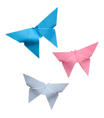 three origami color butterflies isolated white