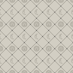 Pattern of rhomboid cells with the sun and moon inside. Vector seamless pattern. © Maryna