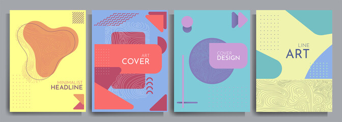 Vector illustration. Abstract geometric background set. Design element for cover, poster, book cover, brochure, headline. Color linear shapes. Line art. Flat concept. Futuristic modern graphic