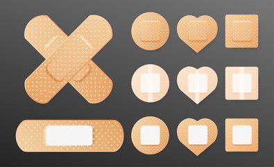 Realistic cross of medical plaster. Set of two sided adhesive plasters. Oblong, square, heart, round skin patch. Sticky bandage. Protective cover. Vector illustration