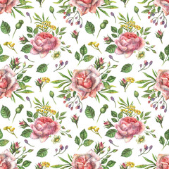 Watercolor seamless botanical pattern of bright pink wildflowers of peony, roses and other plants and leaves.