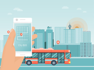Hand hold smart phone app, city bus travel tour, autobus mobile application flat vector illustration. Street coach urban guided tour trip, design concept travel excursion route urban landscape. © Vectorwonderland