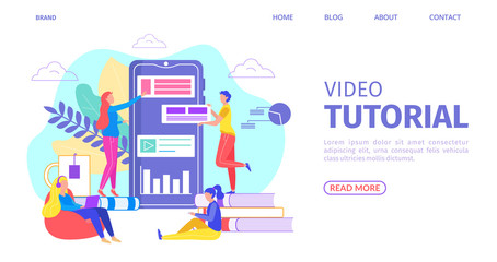 Video tutorial application, vector illustration. Online education on smartphone, workers woman design lesson content. Home study, training online. Character on large books with devices.