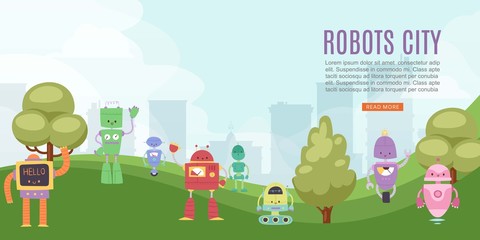 Robots toys city for kids banner with cute robots and transformers vector cartoon illustration. Children play ground with robotics machine cyborg and designing lessons.
