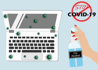 Woman hands apply 75% Alcohol spray on laptop computer to protect from COVID-19 corona virus spreading. Idea for COVID-19 corona virus outbreak, awareness and prevention. 