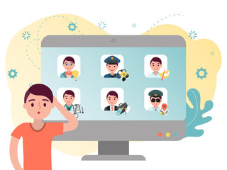 Difficult decision to choose future career for young student after graduation, flat, cartoon design vector illustration. Young man in search, choice career, business, occupation for work, profession.