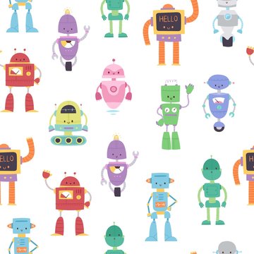 Robots and transformers toys for kids seamless pattern vector cartoon illustration. Robots machine designing for children textile or toyshop background. © partyvector