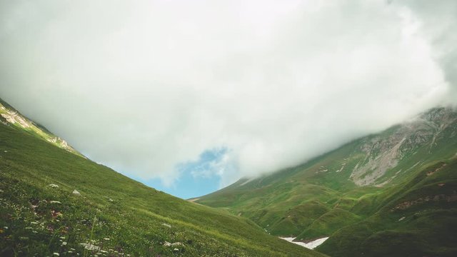 Beautiful panoramic Timelapse mountain landscape covered with grass against cloudy sky, lilac and yellow flowers on a mountainside. Stunning nature in morning in spring season. Field with flowers.