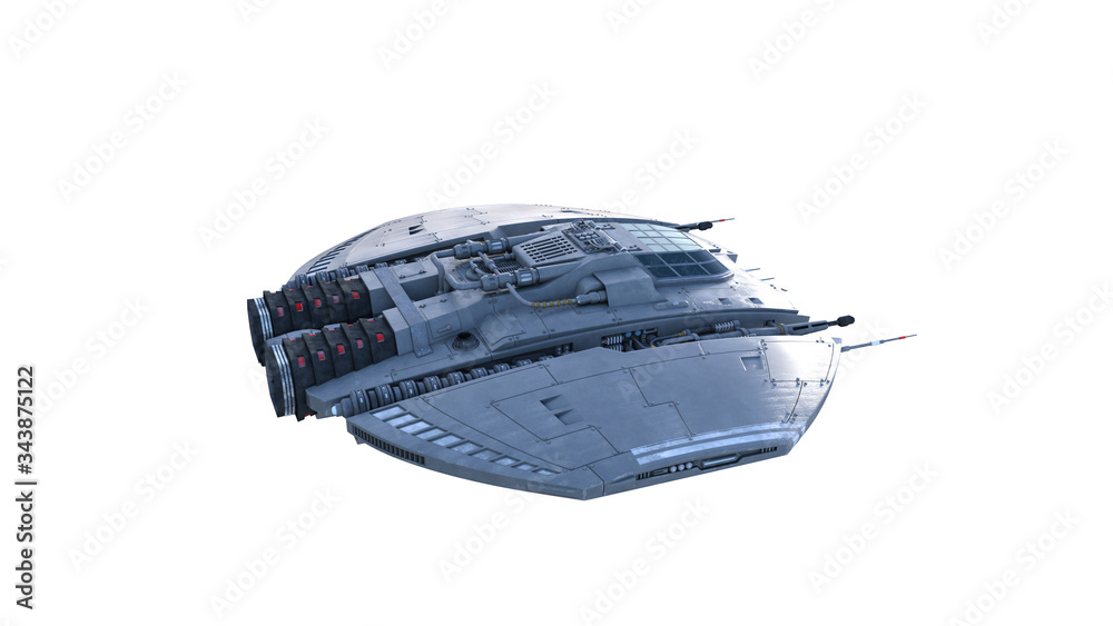 Sticker alien spaceship, ufo spacecraft in flight isolated on white background, top view, 3d rendering
