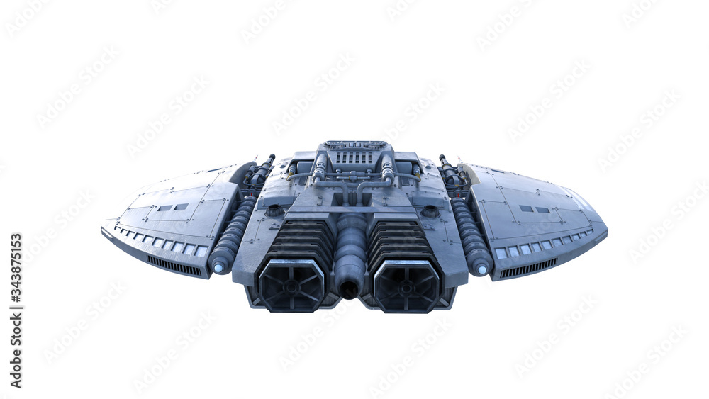 Sticker alien spaceship, ufo spacecraft in flight isolated on white background, back view, 3d rendering
