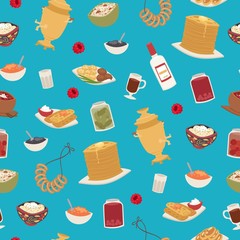 Russian food seamless pattern with thin pancakes, red caviar, vodka and samovar, meat dumplings cartoon vector illustration. Food Russia menu and russian cuisine blue background.