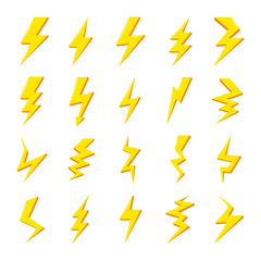 Set of yellow lightning bolt vector illustration icons