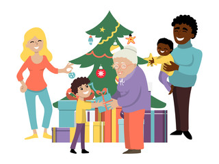 Christmas amicable family holiday, character people parent, grandparent present box gift children isolated on white flat vector illustration. Multinational dynasty celebrate new year xmas eve.