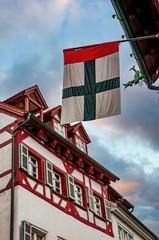 Flag of Konstanz against half-timbered historical house in the center of Konstanz City,...