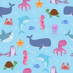Funny sea animals underwater sea life seamless pattern vector illustration. Cute baby whale, shark, crab, ocopus and turtle with sea star kids background wrapping or textile.