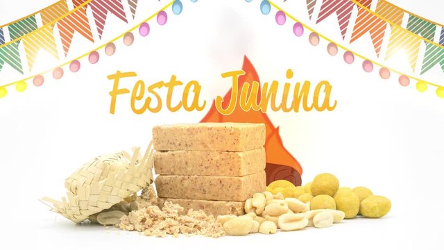 Brazilian Festa Junina - Junine Party. Typical peanut candies and some peanuts snacks. Party flags, a fire pit and a hillbilly hat. 