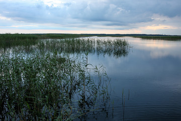 A calm lake in sunset