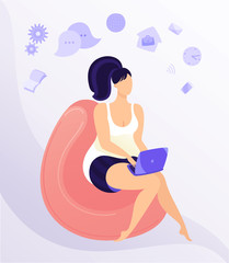 Work from home workplace concept design. Remote work. Happy young woman working on laptop, dressed in home clothes. Flat vector illustration isolated on white background.