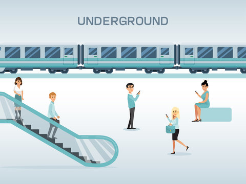 City subway station, character male female use escalator and waiting train, concept flat vector illustration. Underground occupant design online buy metropolitan railway ticket, travel country.