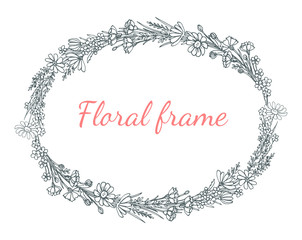 Vector oval floral frame on a white background with the words "floral frame" in the middle