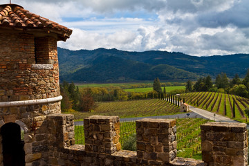 View of Vineyard and  Castle Towers at Italian Style Castle in Napa Valley,Calistoga, California,...