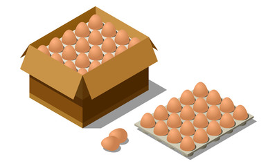 Isometric eggs in cardboard box isolated on white background.