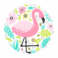 Cute flamingo with hand-drawn elements.