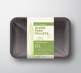 The Original Fish Fillets Abstract Vector Packaging Design Label on Plastic Tray with Cellophane Cover. Modern Typography and Hand Drawn Eel Silhouette Background Layout.