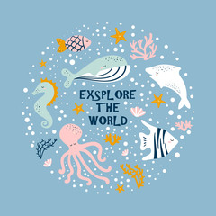 Fototapeta na wymiar Cute cartoon octopus, whale, seahorse, fish.