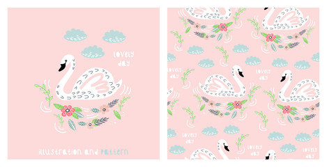 Fototapeta na wymiar Illustration and seamless pattern with cute swan.