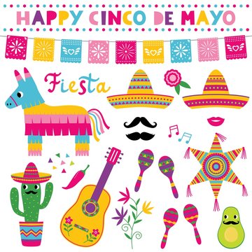 Cinco de Mayo, national Mexican holiday, vector set, sombreros, pinatas, a guitar, colorful banners and decoration