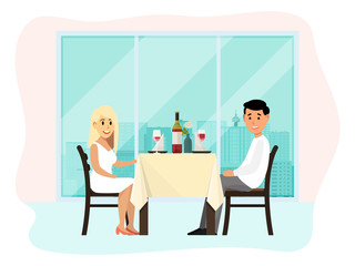 Romantic dinner lovely couple date, character male female sitting restaurant isolated on white, flat vector illustration. Lover pair talk in cozy cafe, design attractive meeting place.