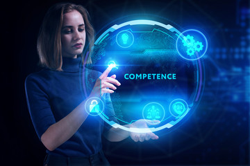 Business, Technology, Internet and network concept. Young businessman working on a virtual screen of the future and sees the inscription: Competence