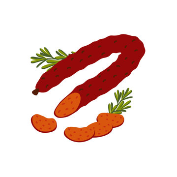 Chorizo Sausage. Meat Delicatessen On White Background. Slices Of Spanish Spicy Chorizo Sausage. Simple Flat Style Vector Illustration.