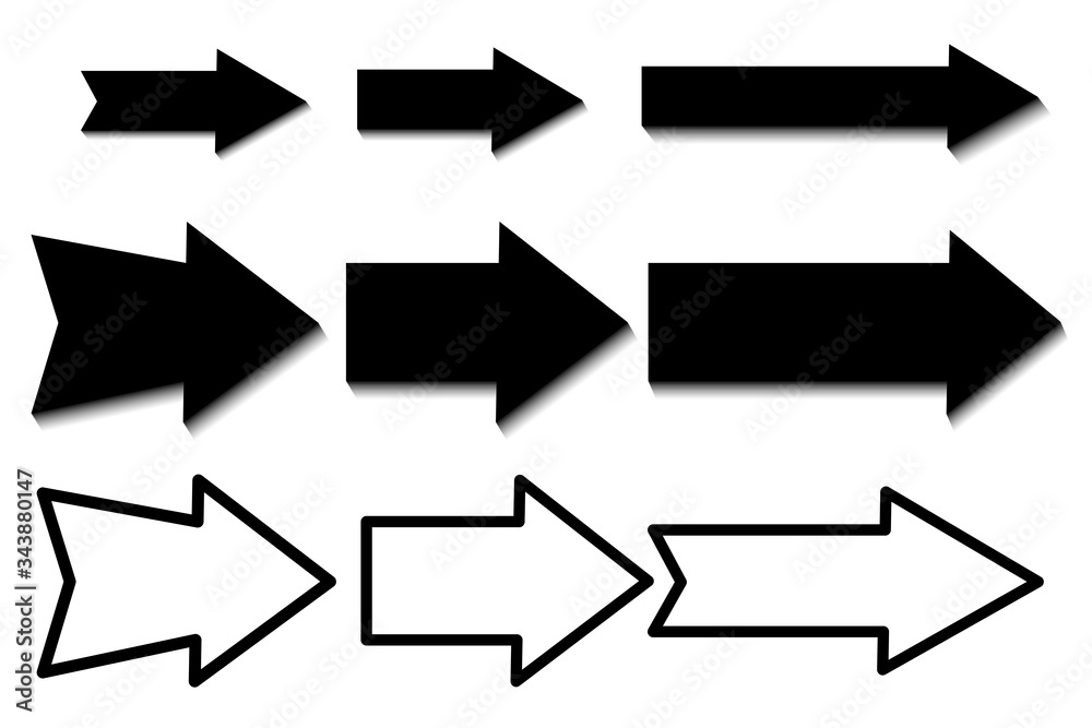 Aufkleber arrows pointing to the right with a unique design and shape. different arrows in black. vector illus