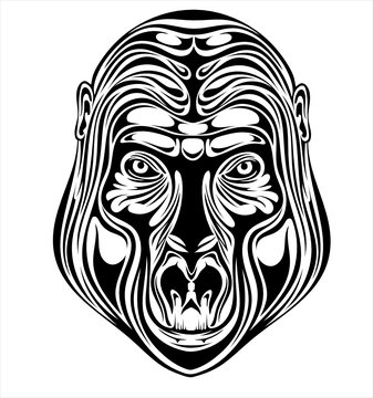 Black and white stylized image of a muzzle of a gorilla for tattoo and other.
