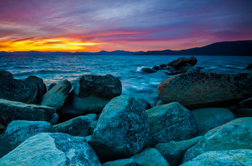 Sunset Over Lake Tahoe and the Rocky Cove at Sand Harbor, Lake Tahoe, Nevada, USA