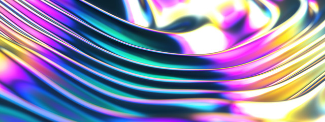 Abstract 3d render holographic cloth surface close up background, ripples and wave, Psychedelic vibrant colors, panoramic