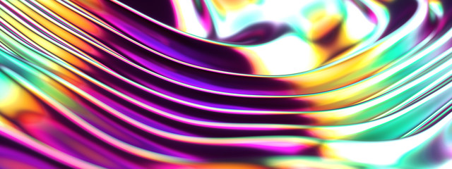 Abstract 3d render holographic cloth surface close up background, ripples and wave, Psychedelic vibrant colors, panoramic